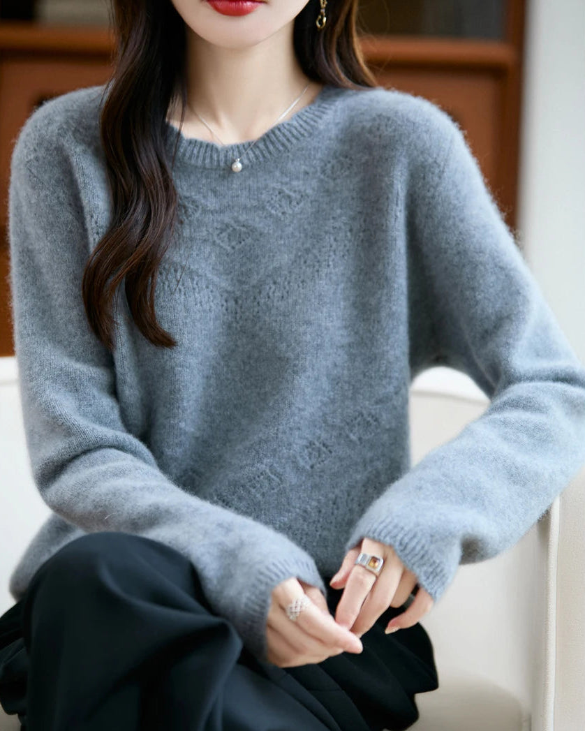 Pointelle Merino Wool Crewneck Sweater