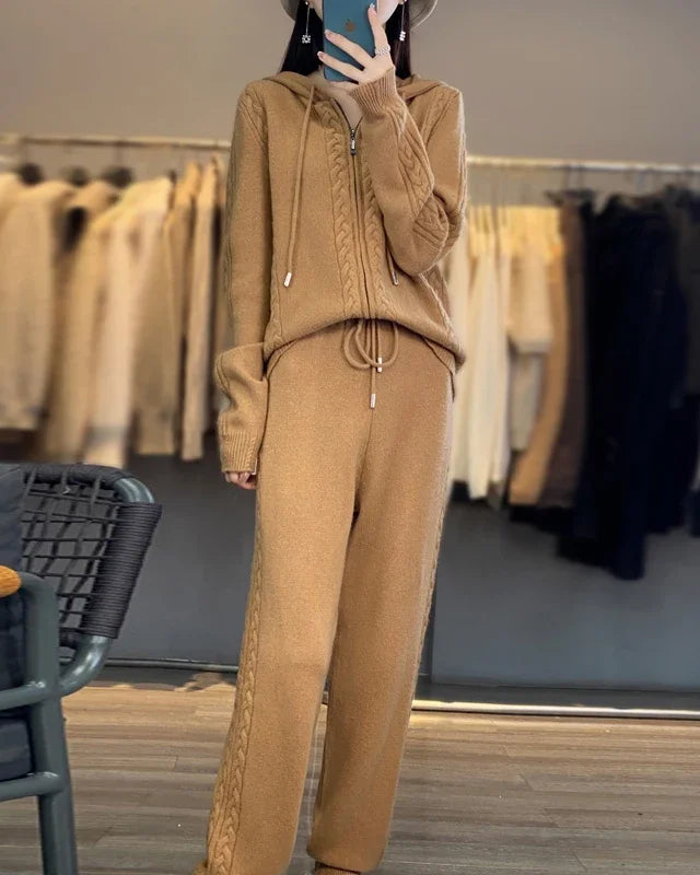 Wool Blend Hooded Zip Cardigan & Wide-Leg Pants Set
