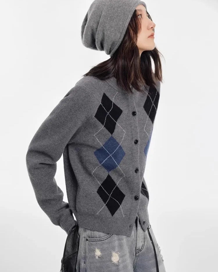 Cashmere Diamond Pattern Cardigan Sweater