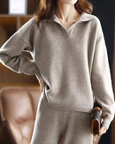 Wool cashmere lapel sweater and high-waist pencil trousers 2-piece knit set. Medium stretch, solid colour — a warm, elegant winter office and casual suit for women.