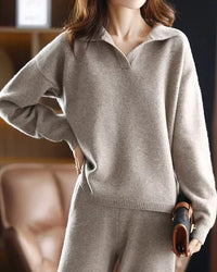 Wool cashmere lapel sweater and high-waist pencil trousers 2-piece knit set. Medium stretch, solid colour — a warm, elegant winter office and casual suit for women.