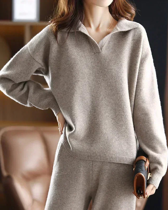 Wool cashmere lapel sweater and high-waist pencil trousers 2-piece knit set. Medium stretch, solid colour — a warm, elegant winter office and casual suit for women.