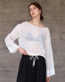 Ramie Crew Neck Long Sleeve Drawstring T-Shirt