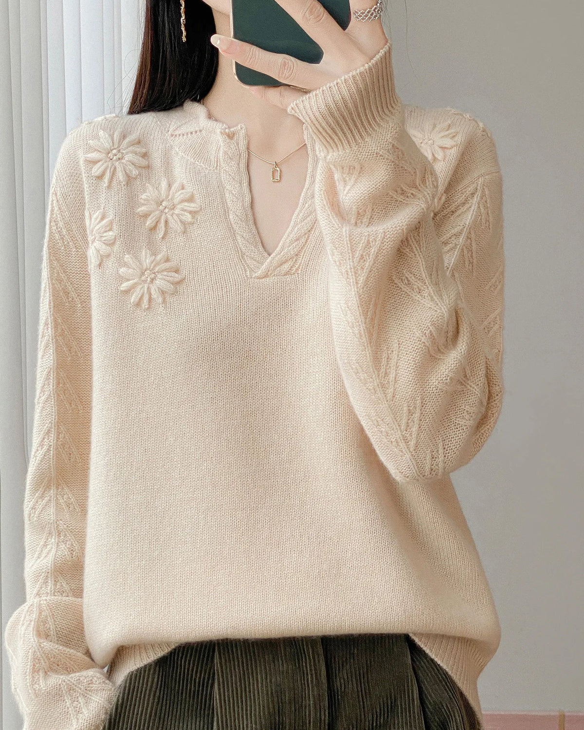 Floral-Embroidered Wool Sweater