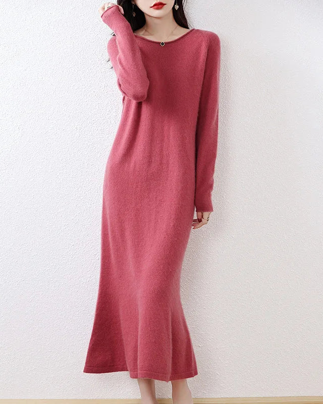 Wool Round-Neck Rolled-Hem Mermaid Long Dress