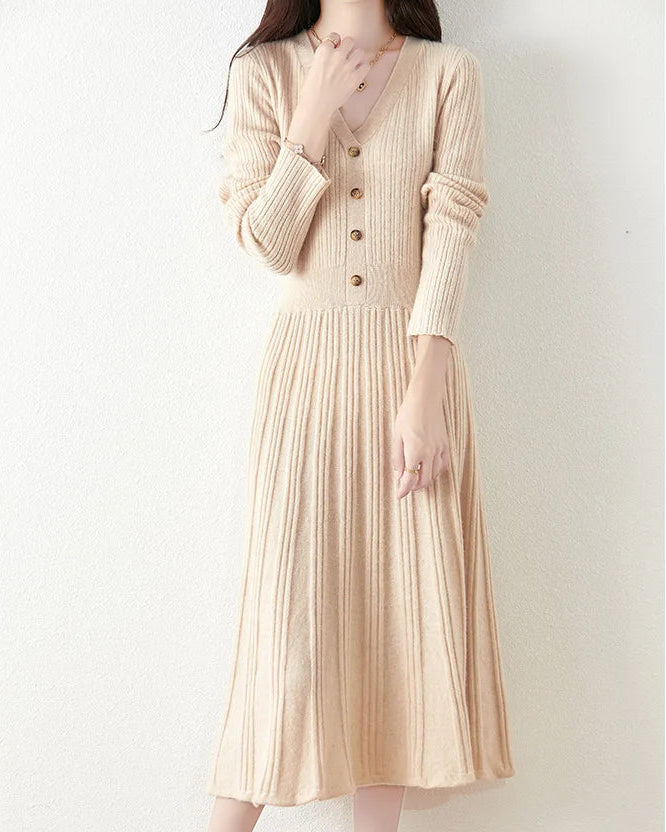 Merino Wool V-Neck Knit Midi Dress