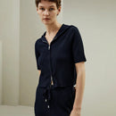 Silk-Wool Knit Zipper-Up Short Sleeve Hoodie Sweatshirt