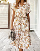 Polka Dot Short Sleeve Drawstring High-Waist Dress