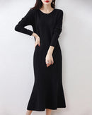 Wool Round-Neck Rolled-Hem Mermaid Long Dress