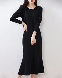 Wool Round-Neck Rolled-Hem Mermaid Long Dress