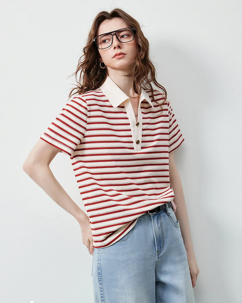 Vintage Stripe Hollow Polo Tee