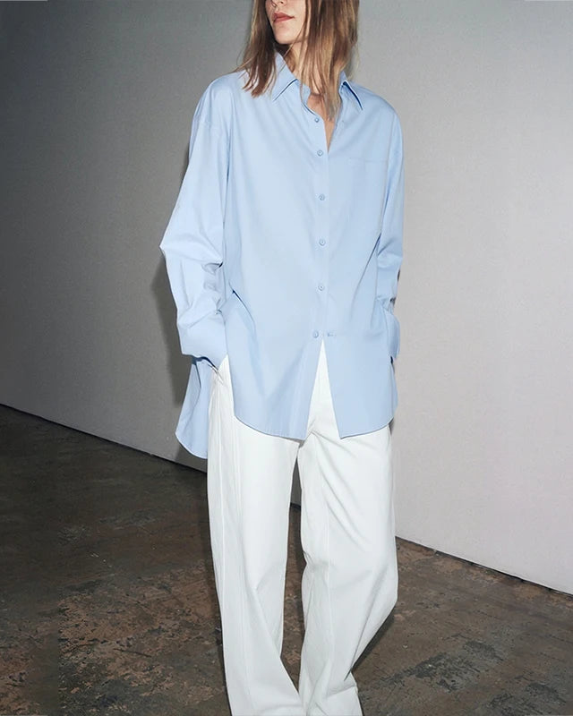 Simple Commuter Lapel Drop Shoulder Sleeve Shirt