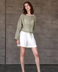 Ramie Crew Neck Long Sleeve Drawstring T-Shirt