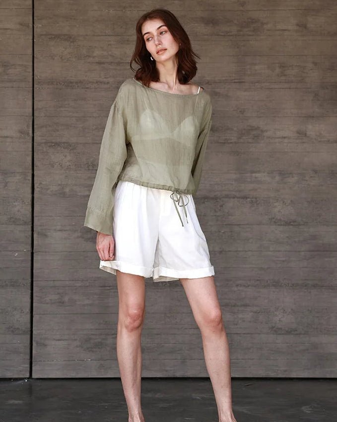 Ramie Crew Neck Long Sleeve Drawstring T-Shirt