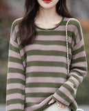 Cotton O-Neck Curled Colourful Stripe Loose Pullover Sweater