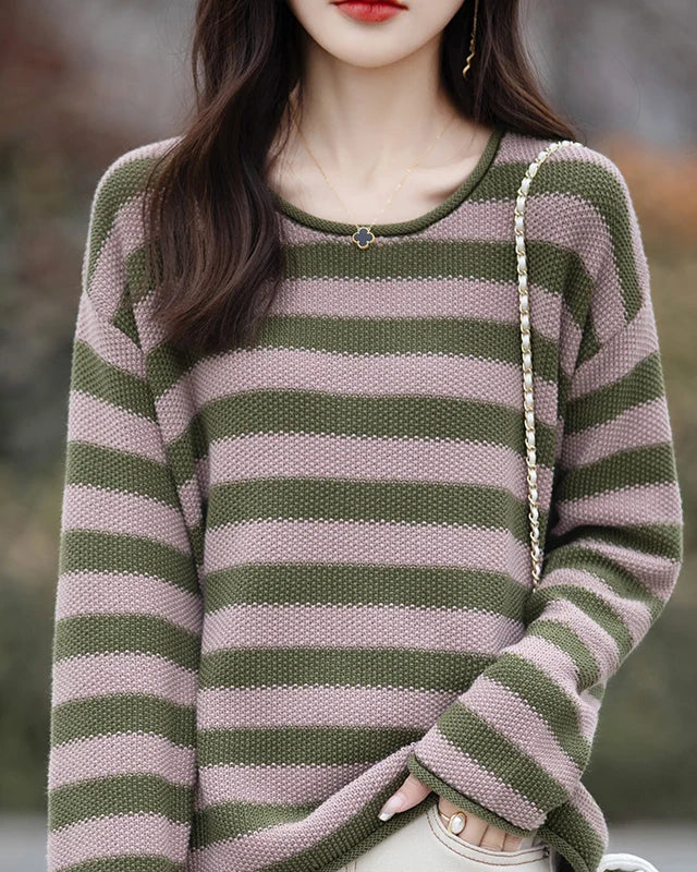 Cotton O-Neck Curled Colourful Stripe Loose Pullover Sweater
