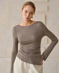 Crew Neck Long-Sleeved Irregular Slit T-Shirt