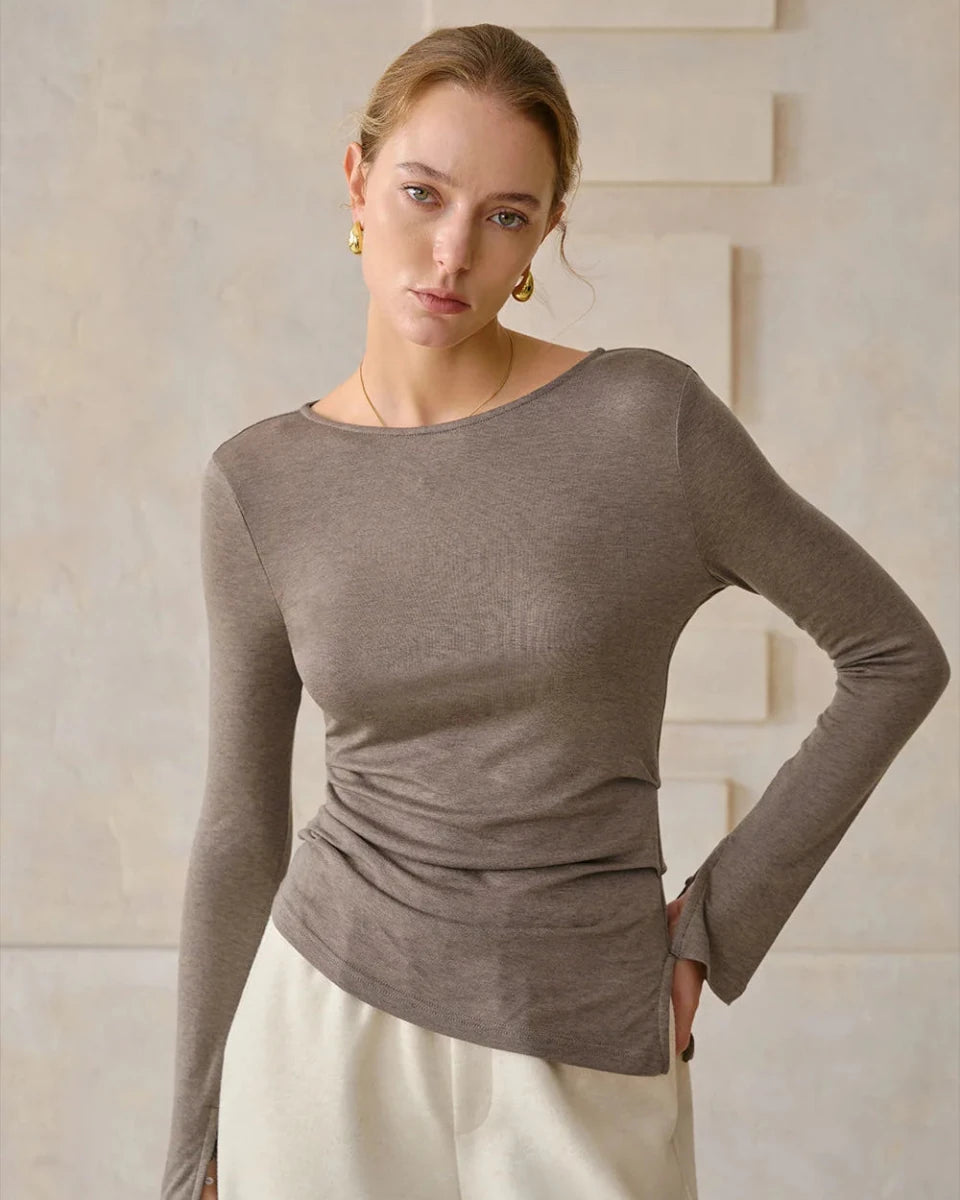 Crew Neck Long-Sleeved Irregular Slit T-Shirt