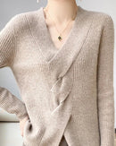 Wool V-Neck Crossover Pullover Sweater
