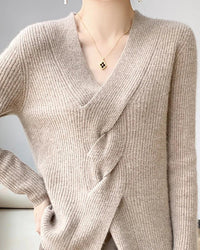 Wool V-Neck Crossover Pullover Sweater