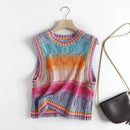 Rainbow Acrylic Knitted O-Neck Hollow Out Vest