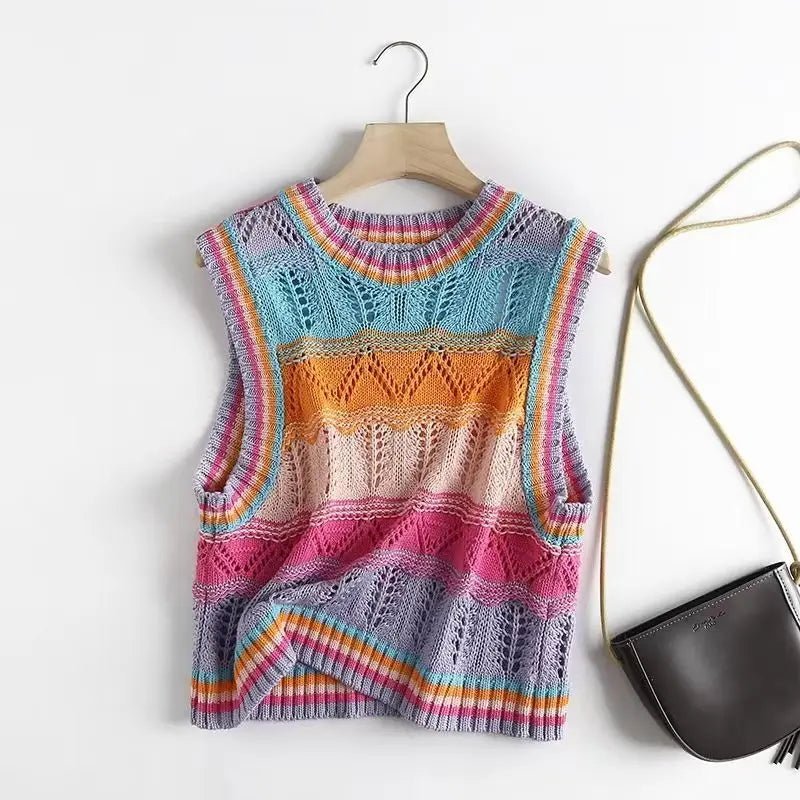 Rainbow Acrylic Knitted O-Neck Hollow Out Vest