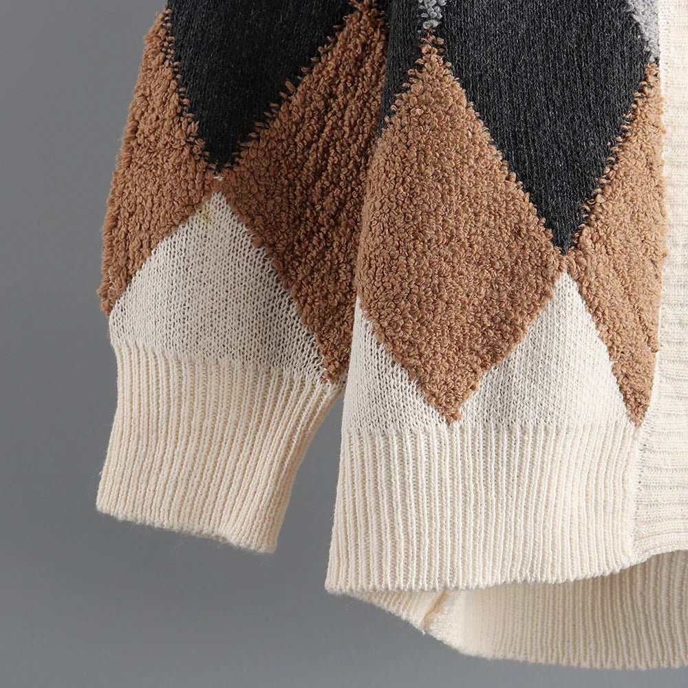 Fleece Patchwork Vintage V-Neck Short Cardigan