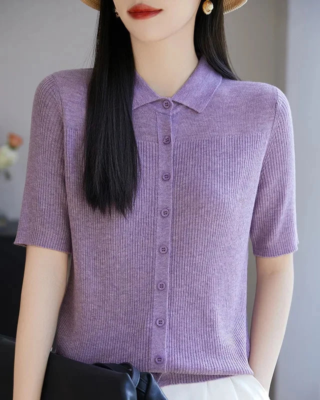Relaxed Knit Turn-Down Collar Top