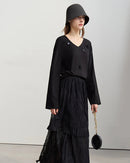 Long-Sleeved V-Neck Loose-Fitting Pullover T-Shirt