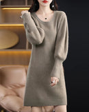 Mink Cashmere O-Neck Lantern Sleeve Striped Pullover Sweater Dress
