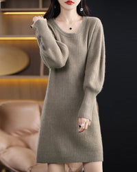 Mink Cashmere O-Neck Lantern Sleeve Striped Pullover Sweater Dress