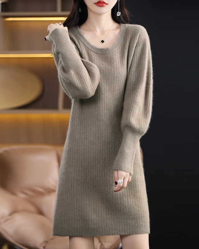 Mink Cashmere O-Neck Lantern Sleeve Striped Pullover Sweater Dress