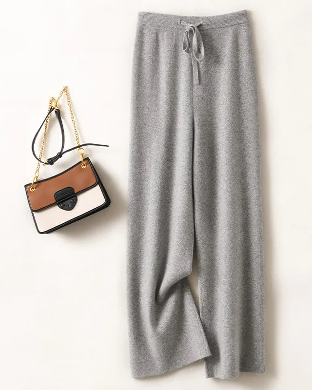 Merino Wool Solid Elastic Waist Wide Leg Knit Trousers