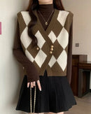 Argyle Knit Open Front Sweater Vest