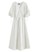 V-Neck Bubble Sleeve Linen Dress