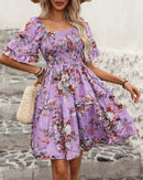 Floral Smocked Square-Neck Boho Dress