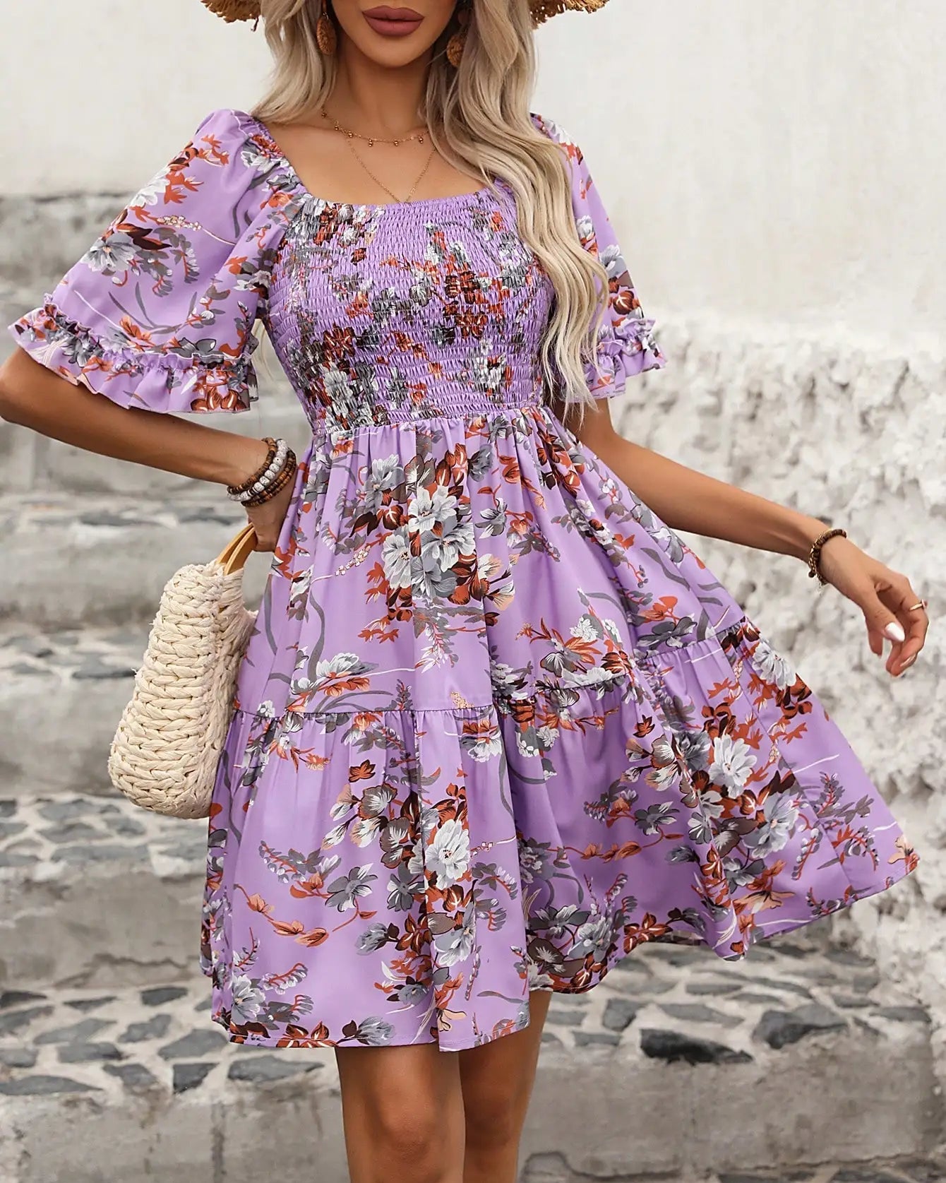 Floral Smocked Square-Neck Boho Dress