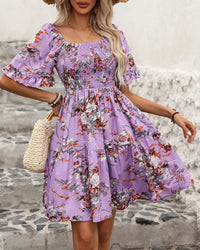 Floral Smocked Square-Neck Boho Dress
