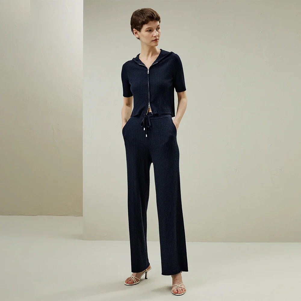 Silk-Wool Knit Zipper-Up Short Sleeve Hoodie Sweatshirt