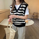 Vintage Striped V-Neck Pure Wool Knitted Waistcoat