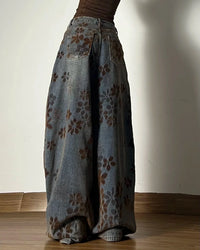 Washed Jacquard High Rise Wide Leg Jeans