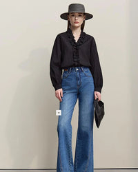 Ruffled V-Neck Long-Sleeved Loose-Fitting Shirt