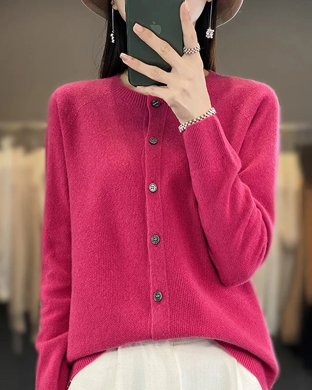 Wool O-Neck Seamless Single-Breasted Open Cardigan Sweater