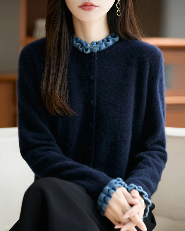 Merino Wool Solid Fringe Collar Button Knit Cardigan