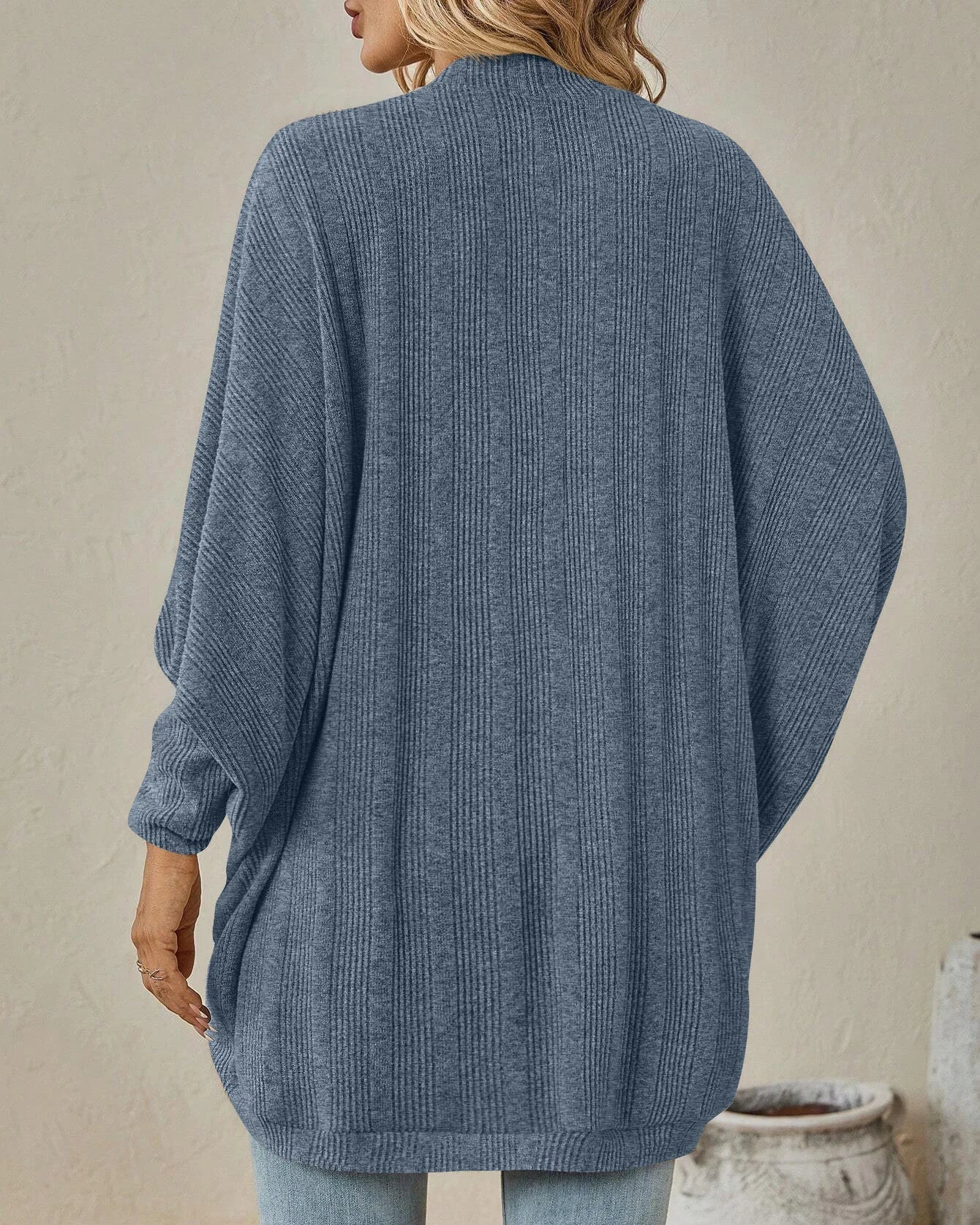 Solid Bat Sleeve Open-Front Loose Mid-Length Knit Cardigan