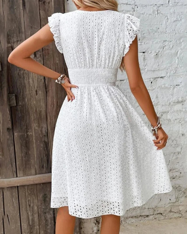 V-Neck Lace Waist Flare Sleeve A-Line Beach Dress