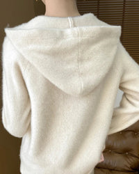 Wool Solid Hooded Zip-Up Open Cardigan Sweater
