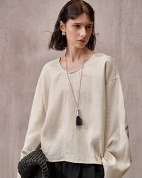 Fashionable Linen U-Neck Long-Sleeved Shirt
