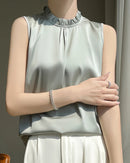 Loose And Casual Satin Vest T-Shirt With Ruffled Collar