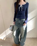 Bow Patchwork Long-Sleeve Top